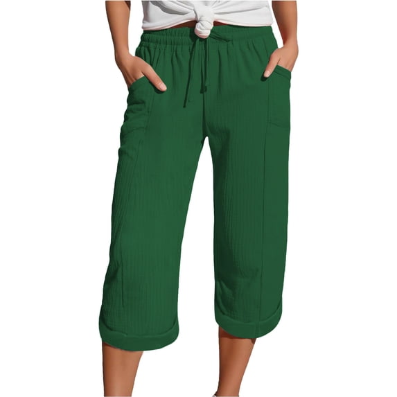 Womens Travel Pants Summer 3/4 Muslin Linen Trousers Lightweight Loose Pants With Pockets Elastic Waist Bubble Wrinkles Fabric For Sport Leisure Beach 3Xl Pants For Women