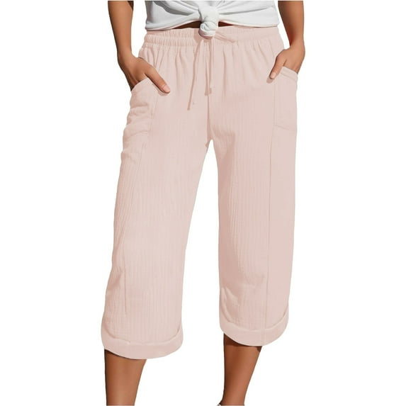 Womens Travel Pants Summer 3/4 Muslin Linen Trousers Lightweight Loose Pants With Pockets Elastic Waist Bubble Wrinkles Fabric For Sport Leisure Beach L Pants For Women