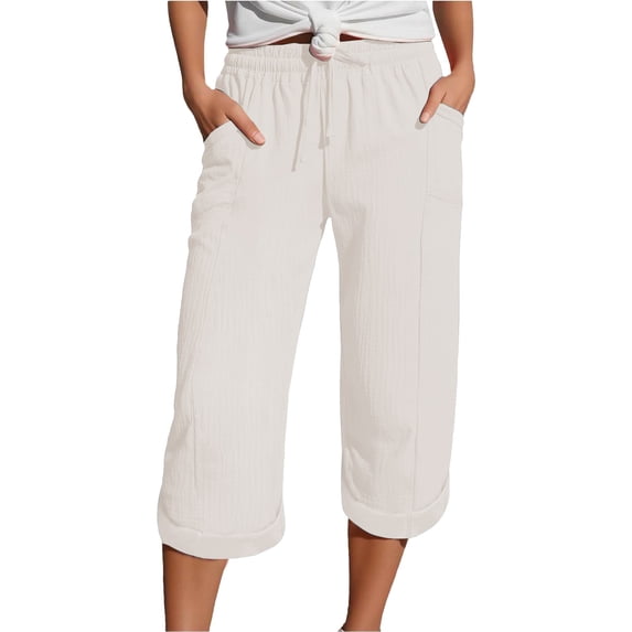 Womens Travel Pants Summer 3/4 Muslin Linen Trousers Lightweight Loose Pants With Pockets Elastic Waist Bubble Wrinkles Fabric For Sport Leisure Beach L Pants For Women