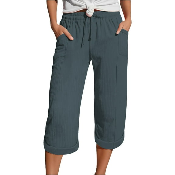 Womens Travel Pants Summer 3/4 Muslin Linen Trousers Lightweight Loose Pants With Pockets Elastic Waist Bubble Wrinkles Fabric For Sport Leisure Beach Xl Pants For Women