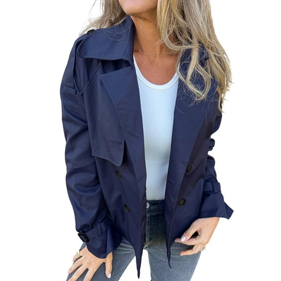 Womens Trench Coat Casual Double Breasted Jacket Fall Fashion Outerwear Dark Blue XXL