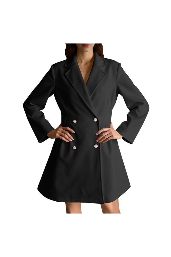 Womens Trench Coat Mid Length Double Breasted Pea Coats Fall Long Sleeve Notched Lapel Pearl Button Jacket Overcoat Trendy Causal Business Coats