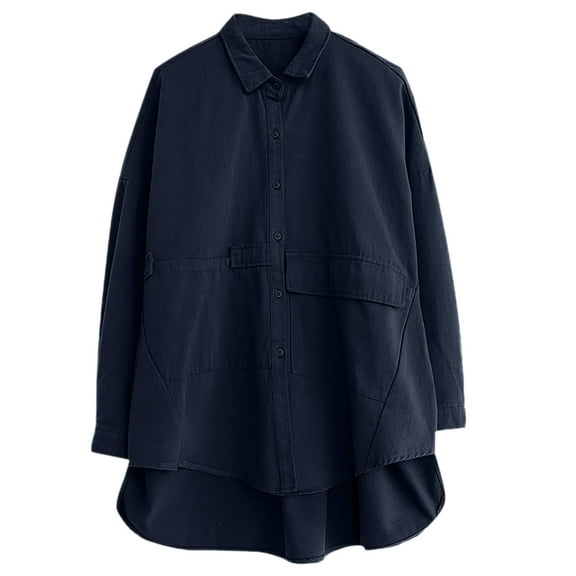 Womens Trench Coats, Button Down Shirts for Womens Fall Fashion Loose Fit High Low Hems Long Length Full Sleeve Dressy Blouses M-2XL