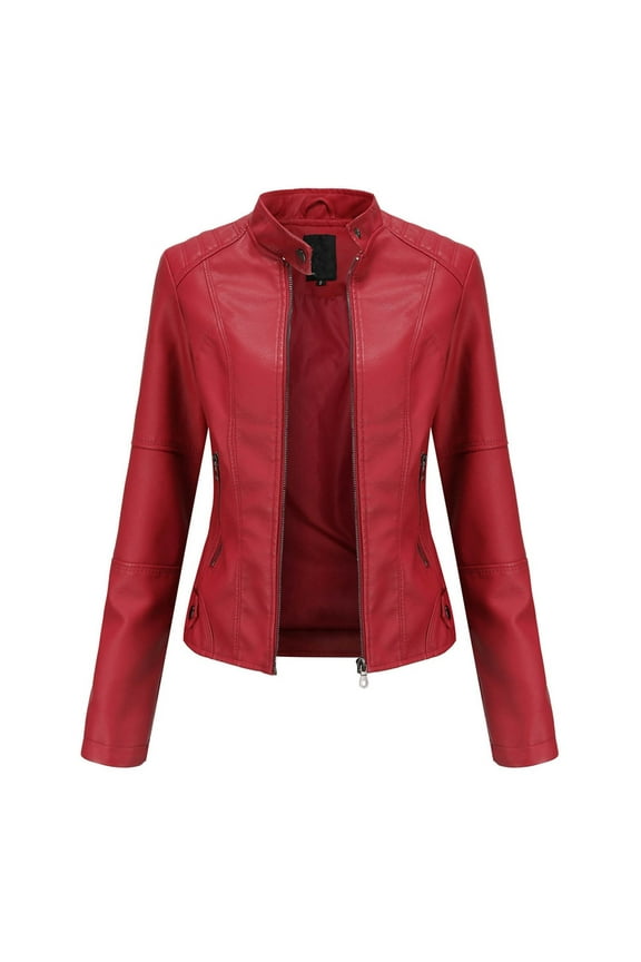 Womens Trench Coats Rydcot Coat New Ladies Slim Leather Stand-Up Collar Zipper Stitching Solid Color Jacket Red Xl