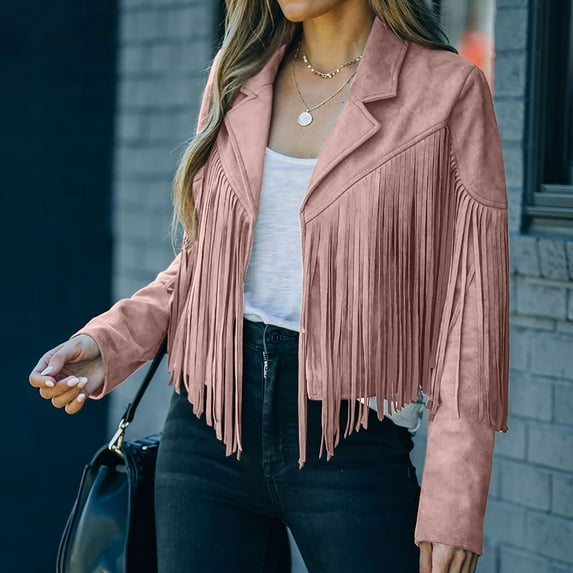LoyisVidion Fringe-Embellished Cardigan with Notched Collar - Fringe Coat for Women Faux Suede Leather Cowboy Style Coat Long Sleeve Tassels Cardigan Coat