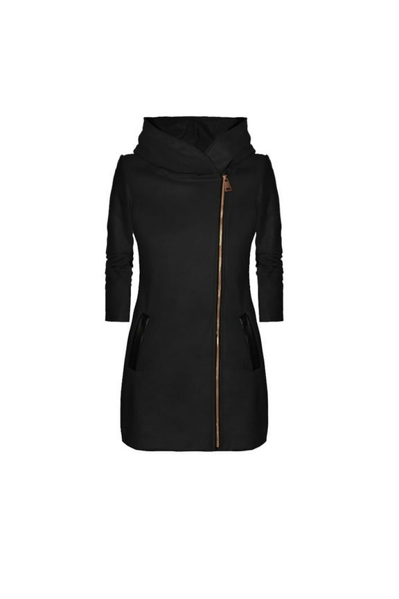 Womens Trench Coats Winter Fall Plus Size Hoodie Jackets Wool-Blend Notch Lapel Full Zipper Asymmetrical Moto Jacket