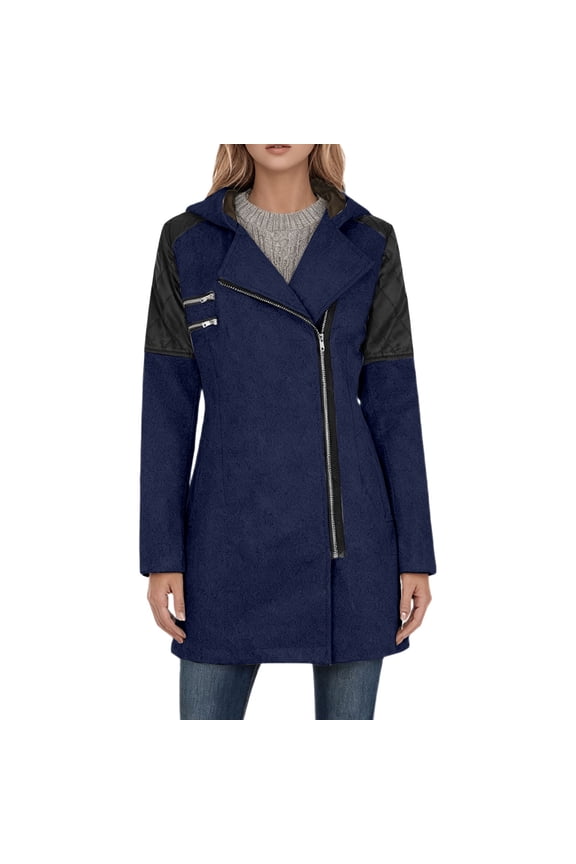 Womens Trench Coats Wool-Blend Notch Lapel Asymmetrical Moto Jacket with Hood Navy XXXXXS