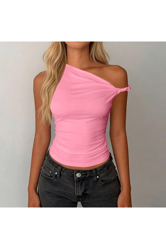 Womens Trending Twist One Shoulder Tosp Y2k Asymmetrical Neck Tank Tops Womens' Ruched Party Club Outfit
