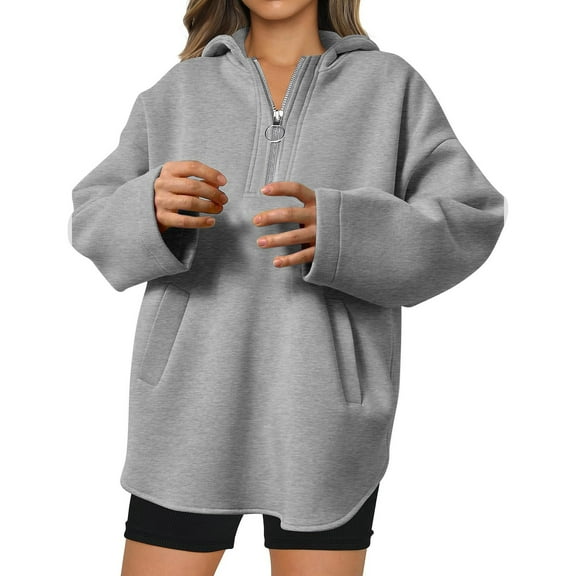 Womens Trendy 1/2 Zip Pullover Hoodies Oversize Cozy Fleece Lined Cotton Solid Hooded Sweatshirt Tops (L, Gray)