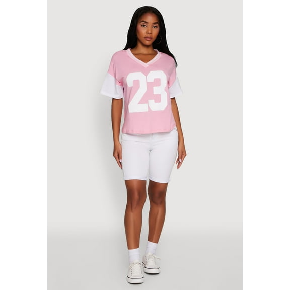 Womens Trendy 23 Graphic V Neck Baseball Tee
