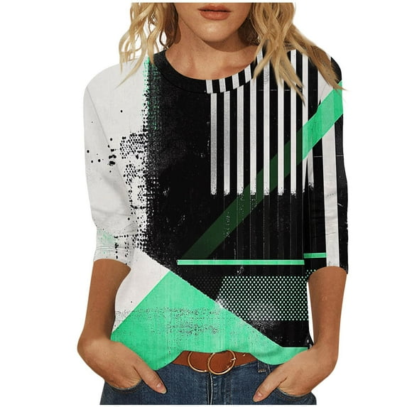 Womens Trendy 3/4 Sleeve Tops Geometric Colorblock Tshirts Summer Casual Crewneck Tees Tunic Blouse
