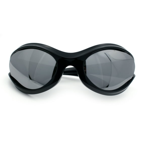 Womens Trendy 90s Oval Wrap Around Sport Plastic Fashion Sunglasses Black - Silver Mirror