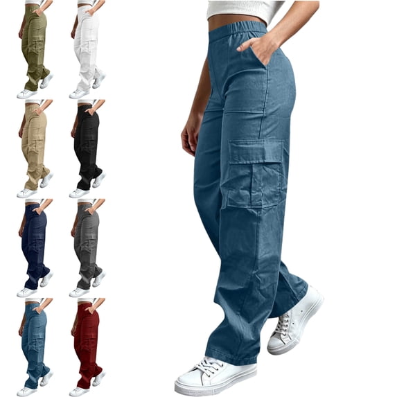 Womens Trendy Cargo Hiking Pants Elastic Waist Multi Pocket Casual Outdoor Solid Pants
