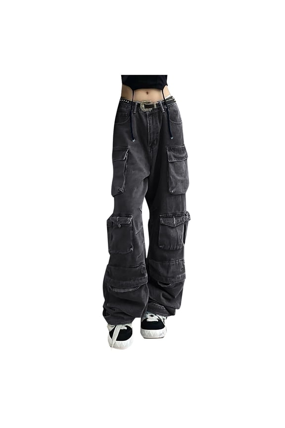 Womens Trendy Cargo Jeans Multi-Pocket Utility Denim Pants Streetwear Washed Distressed Wide Leg Trousers Loose Fit Cargo Pants for Women
