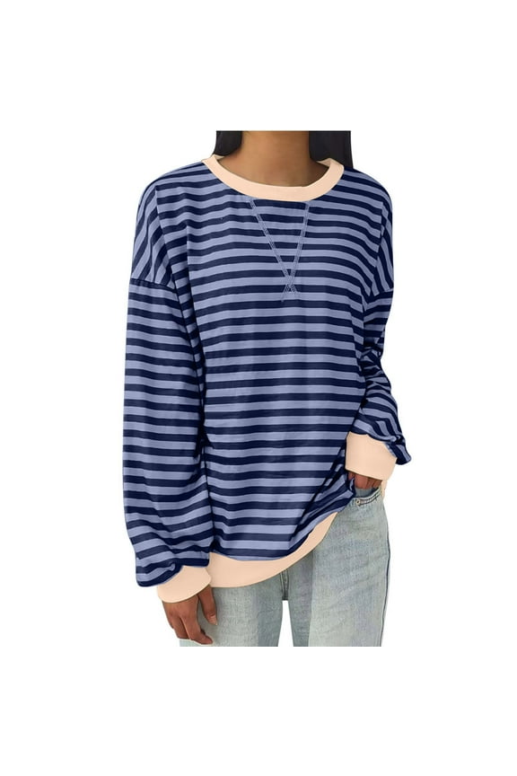 Womens Trendy Clothing Womens T Shirts Teen-Girls Y2k Multicolor Striped Fashion Loose Fit Tops Classic Round-Neck Lantern Sleeve Tunics