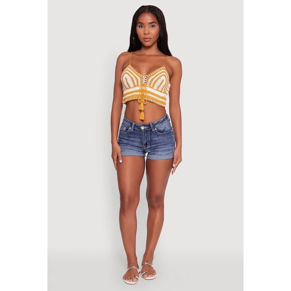 Womens Trendy Crochet Striped Sleeveless Crop Top with Tassel Tie Front