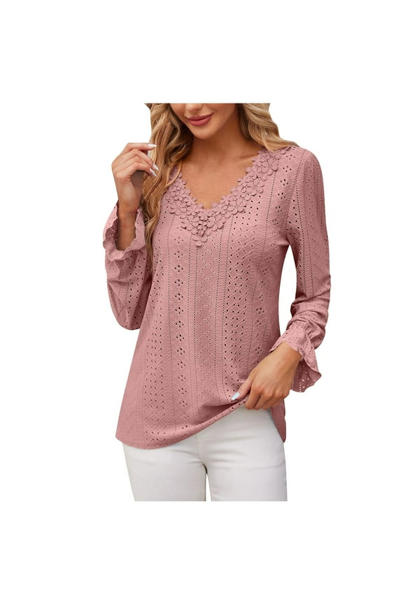 Womens Trendy Eyelet Tops with Lace Detailing Ruffled Long Sleeve V Neck Dressy Casual Blouses Shirt (L, Pink)