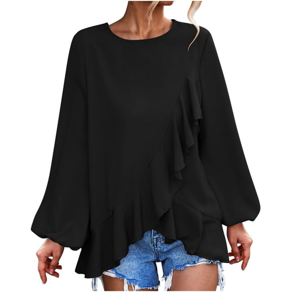 Womens Trendy Fall Spring Tunic Tops Crewneck Ruffle Lantern Sleeve Shirts Casual Loose Comfy Ladies Blouses Tees