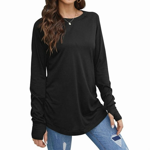 Womens Trendy Fall Tops Oversized Long Sleeve Thumb Holes Shirts Casual Crewneck Loose Fit Fashion Clothes Black L