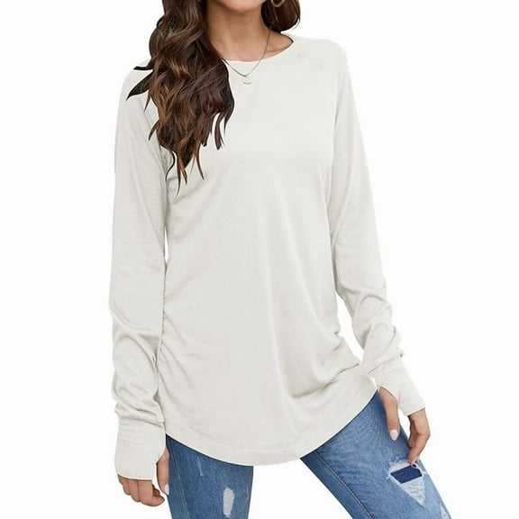 Womens Trendy Fall Tops Oversized Long Sleeve Thumb Holes Shirts Casual Crewneck Loose Fit Fashion Clothes White XL