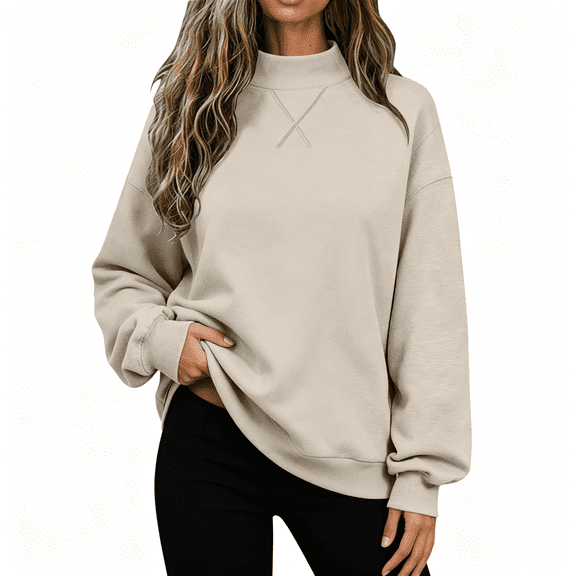 Womens Trendy Fleece T Shirts Casual Long Sleeve Warm Mock Neck Loose Fit Fall Winter Tops Khaki L