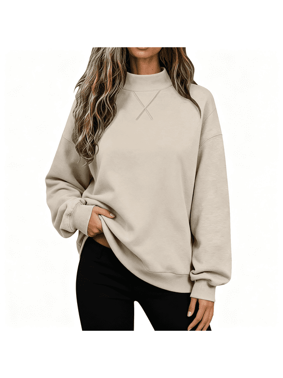 Womens Trendy Fleece T Shirts Casual Long Sleeve Warm Mock Neck Loose Fit Fall Winter Tops Khaki L