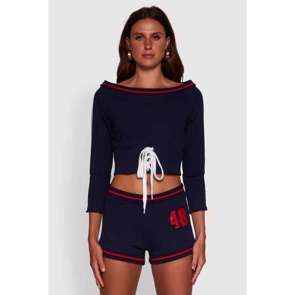 Womens Trendy French Terry 48 Graphic Varsity Stripe Crop Sweatshirt