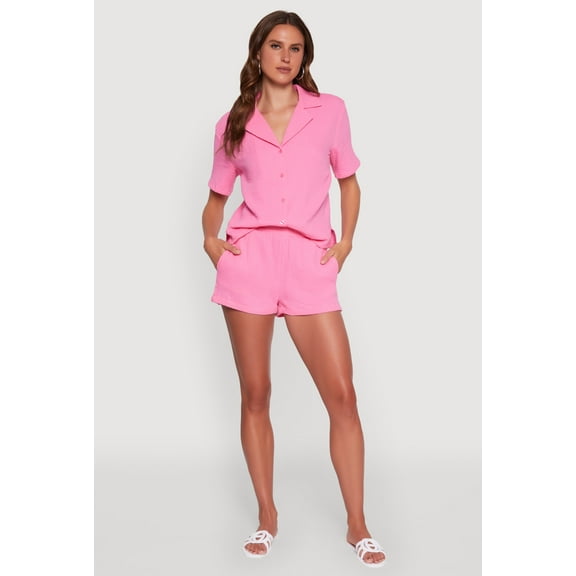 Womens Trendy Gauze Knit High Waisted Pull On Shorts with Pockets