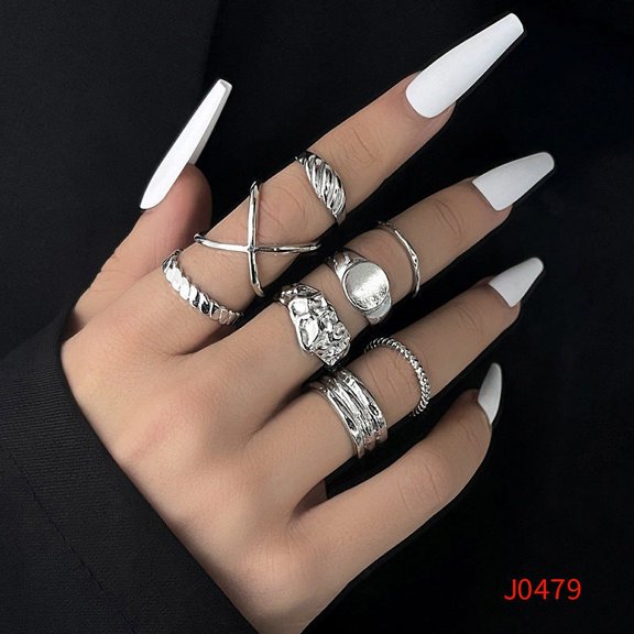 Womens Trendy Geometric Alloy Ring Set Retro Niche Pearl Design Electroplated Fashion Rings Love Heart Shape