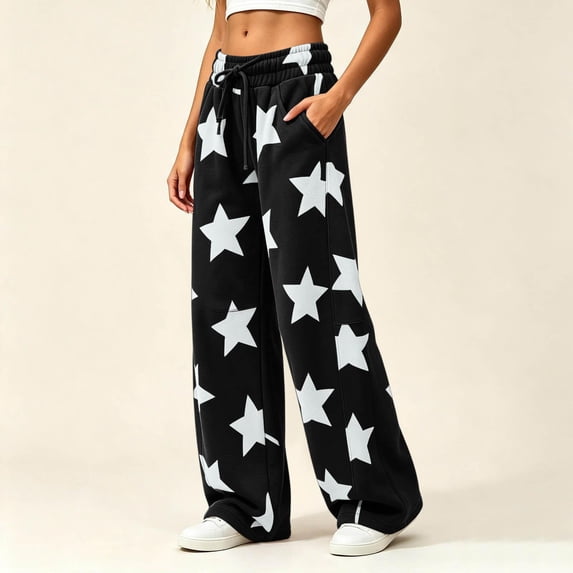 Womens Trendy Graphic Sweatpants Casual Baggy Elastic Waist Drawstring Wide Leg Pants Black S-3XL