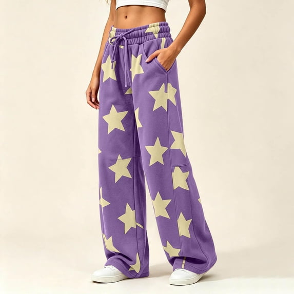 Womens Trendy Graphic Sweatpants Casual Baggy Elastic Waist Drawstring Wide Leg Pants Purple S