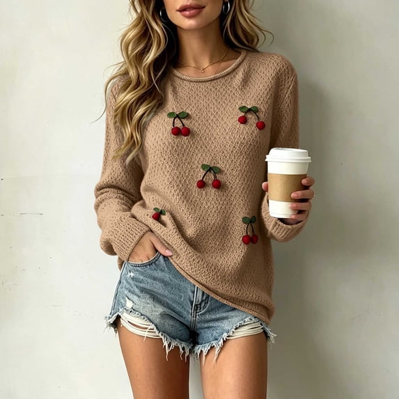 Womens Trendy Knit Sweaters Cherry Long Sleeve Crewneck Pullover Tops Fall Winter Casual Loose Comfy Outfits Khaki S