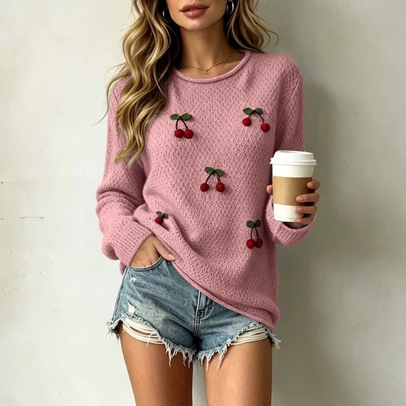 Womens Trendy Knit Sweaters Cherry Long Sleeve Crewneck Pullover Tops Fall Winter Casual Loose Comfy Outfits Pink S