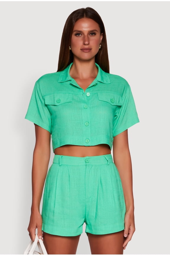 Womens Trendy Linen Flap Detail Button Front Cropped Shirt