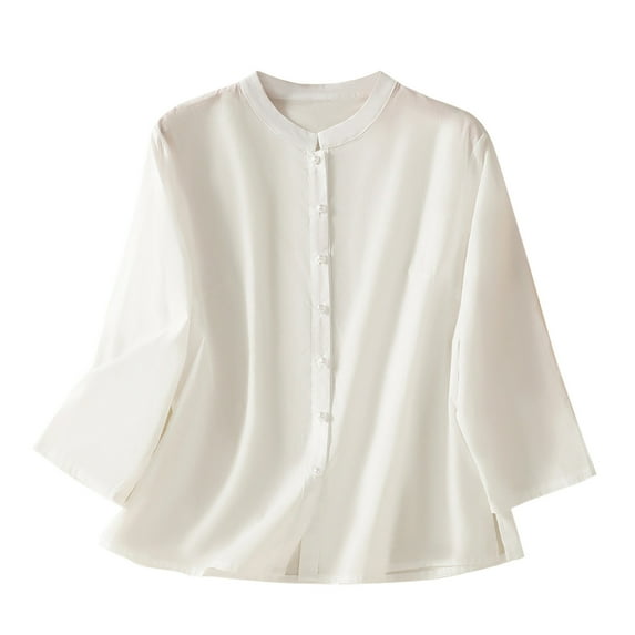 Womens Trendy Linen Tops Long Sleeve Button Up Shirts Chinese Style Lightweight Casual Loose Blouses (XL, White)
