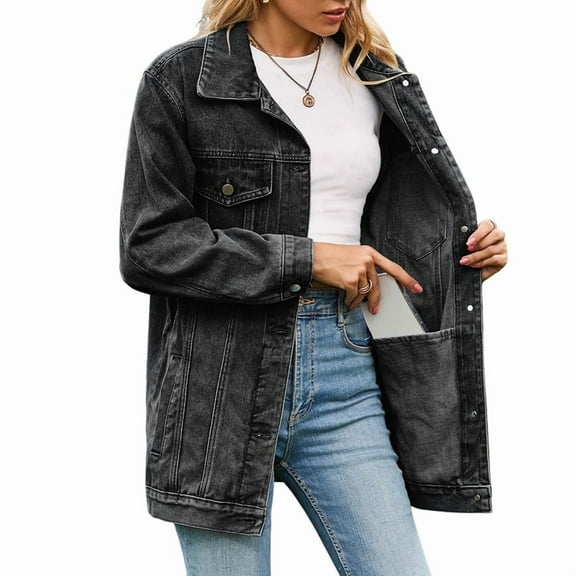 Womens Trendy Long Sleeve Denim Jackets Button Down Fitted Trucker Shacket with Pockets Black & Gray M