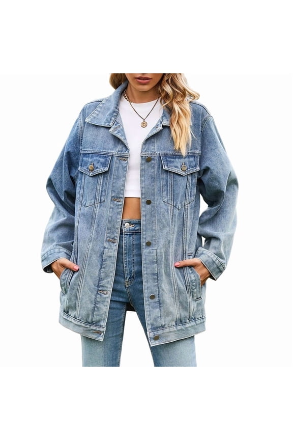 Womens Trendy Long Sleeve Denim Jackets Button Down Fitted Trucker Shacket with Pockets Light Blue M