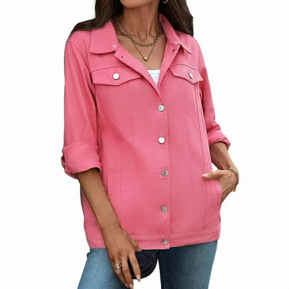 Womens Trendy Long Sleeve Denim Jackets Button Down Fitted Trucker Shacket with Pockets Pink L