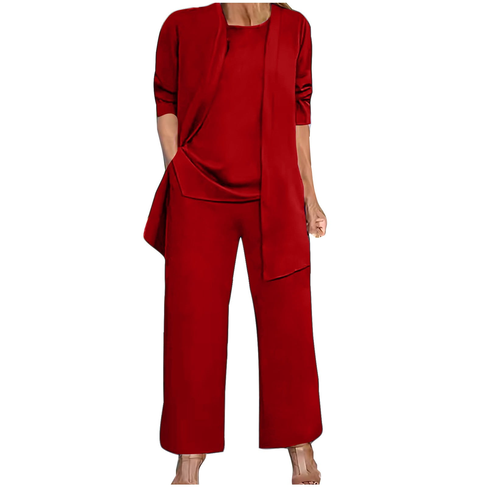 Huankd 3 Piece Outfits For Women Long Sleeve Cardigan Sleeveless Top Wide Leg Pants Sweatsuit Sets Wedding Guest Pant Suits Coffee 2xl