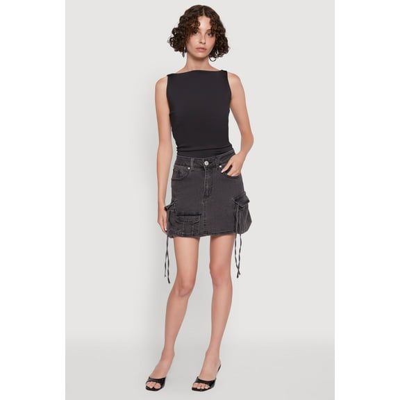 Womens Trendy Mid Rise Mini Denim Skirt with Cargo Pockets