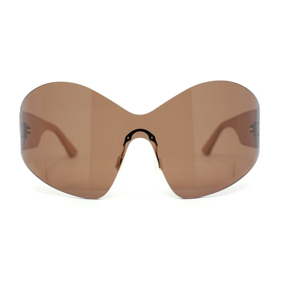 Womens Trendy Minimal XL Oversized Rimless Shield Sunglasses Beige - Brown