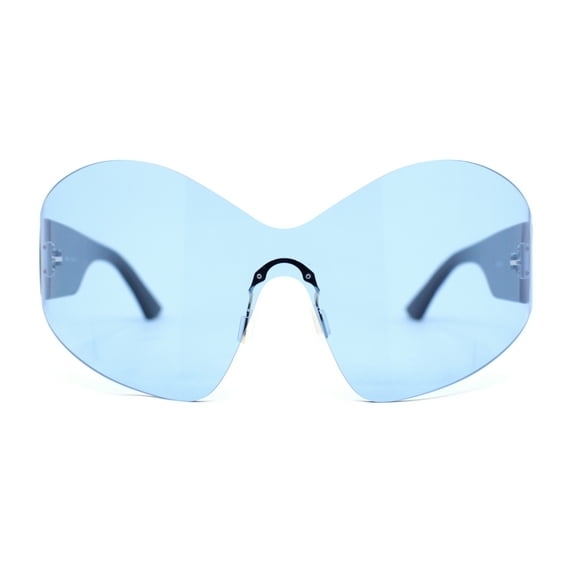 Womens Trendy Minimal XL Oversized Rimless Shield Sunglasses Black - Blue