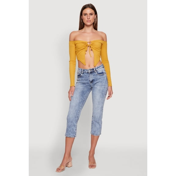 Womens Trendy Off Shoulder Textured Knit Tie Front Crop Top