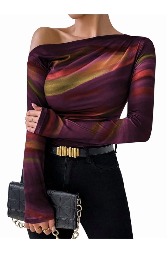 Womens Trendy Off Shoulder Tops Tie Dye Mesh Long Sleeve Shirts Asymmetrical Ruched Floral Blouse Orange-Red L