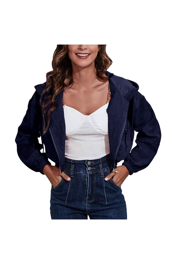 Womens Trendy Outwear Women's Autumn Winter Hooded Corduroy Jacket Loose Drop Shoulder Long Sleeve Short Jacket Chaquetas de Mujer de Vestir