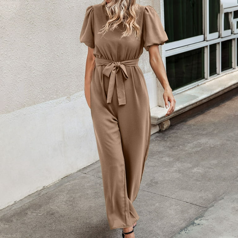Womens Trendy Overalls Short Sleeve Round Neck Tie Waist Jumpsuits Casual  Pure Color Long Pants Summer Rompers 