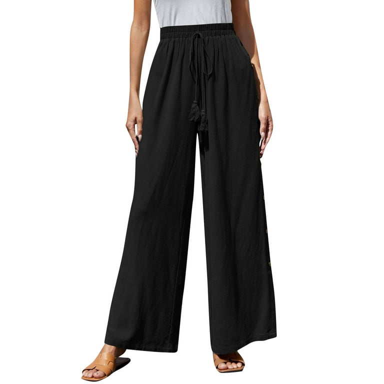 Womens Trendy Palazzo Pants Cotton Wide Leg Drawstring Solid Color Trousers  Loose Fit Side Buttons Pants (Large, Black)