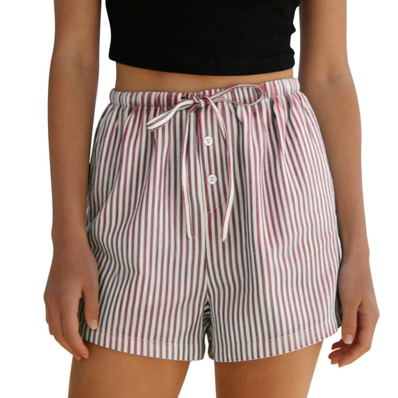 Womens Trendy Pinstripe Shorts Buttons Elastic High Waisted Shorts Loose Casual Vacation Red L