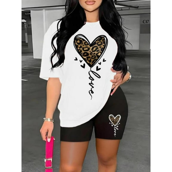Womens Trendy Print T-shirts Stylish Leopard & Heart Graphic Tees Round Neck Pattern Tops for Daily Outfits,S-5XL