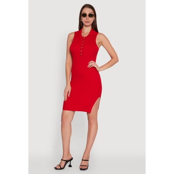 Womens Trendy Ribbed Knit Sleeveless Collared Bodycon Dress